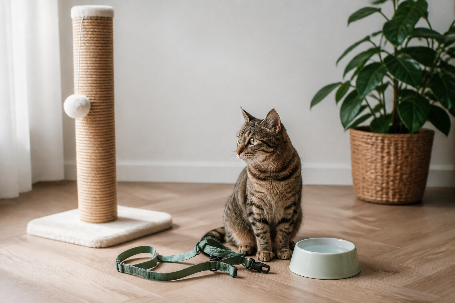Griffoir vertical en sisal, harnais pour chat et coupelle d'eau disposés dans un coin de salon