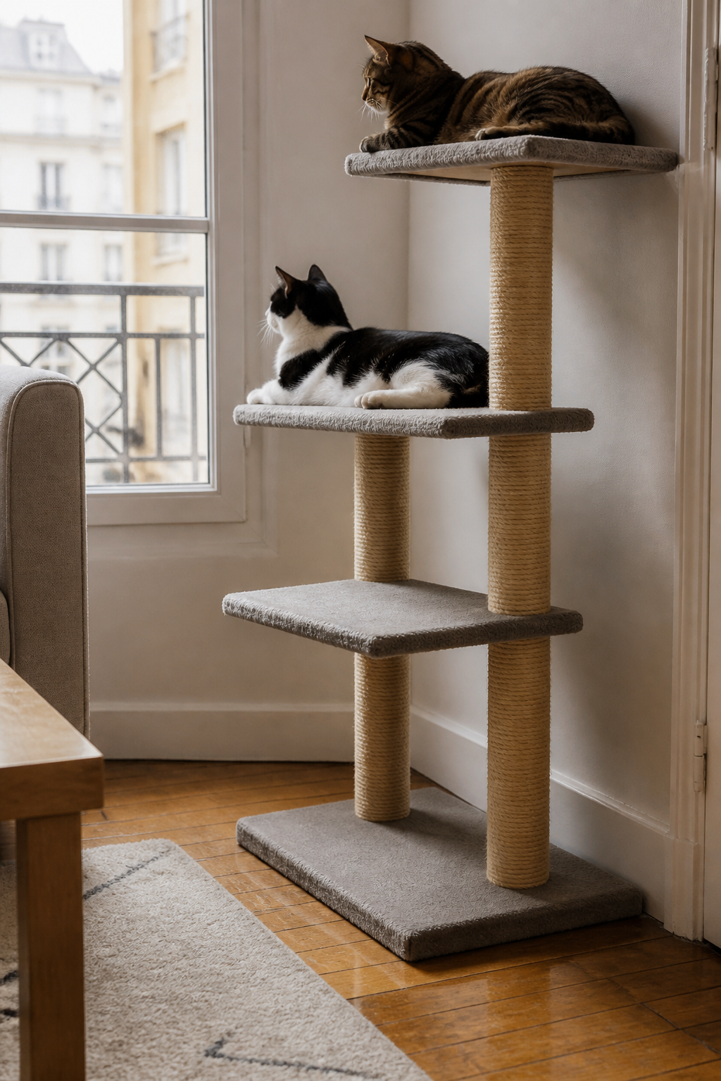 Arbre à chat à trois plateformes décalées, poteaux gainés de sisal, adossé à un mur près d'une fenêtre