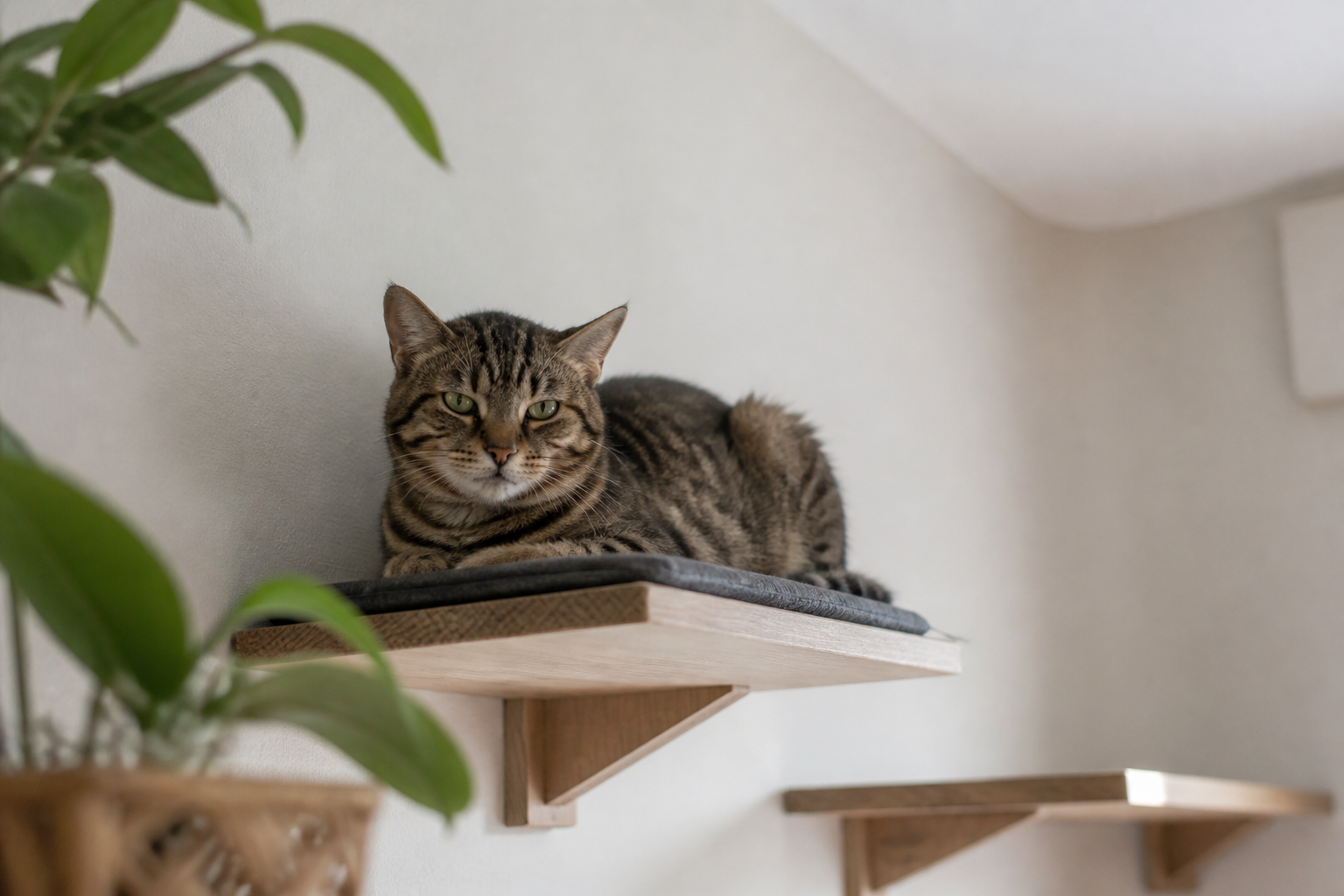 Chat installé en hauteur sur une étagère murale près d'une fenêtre, observant l'extérieur