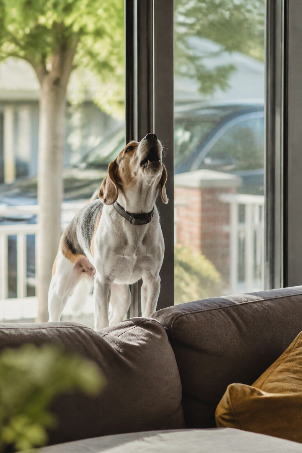 Chien aboyant derrière une fenêtre de séjour au passage d'un piéton dans la rue