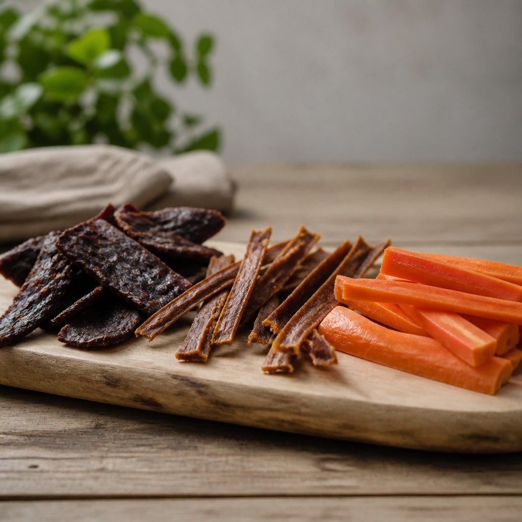 Friandises naturelles séchées, lamelles de viande et morceaux de carotte crue disposés sur une planche en bois