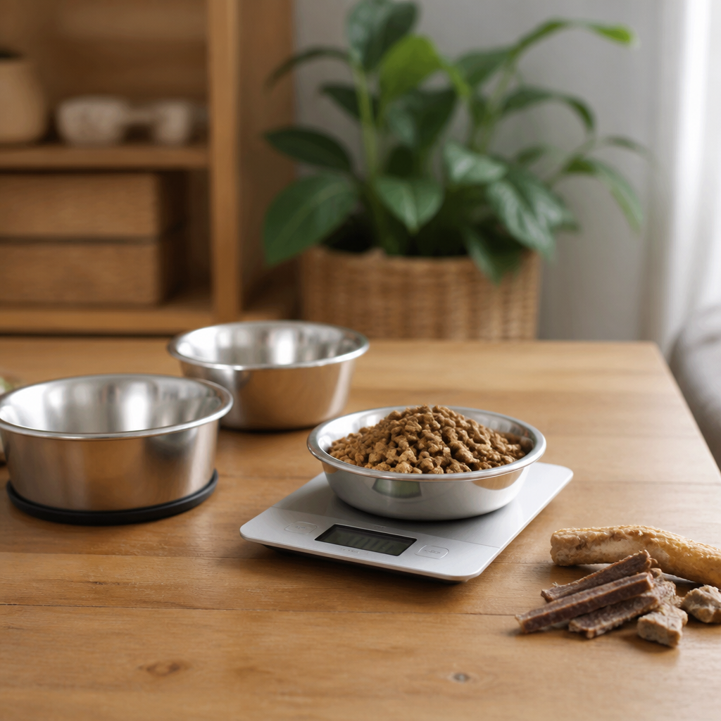 Deux gamelles, une dose de croquettes pesée sur une balance de cuisine et quelques friandises séchées