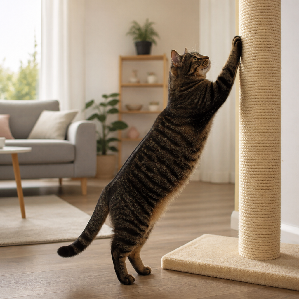 Chat dressé sur ses pattes arrière, griffes plantées en haut d'un poteau de sisal à socle large