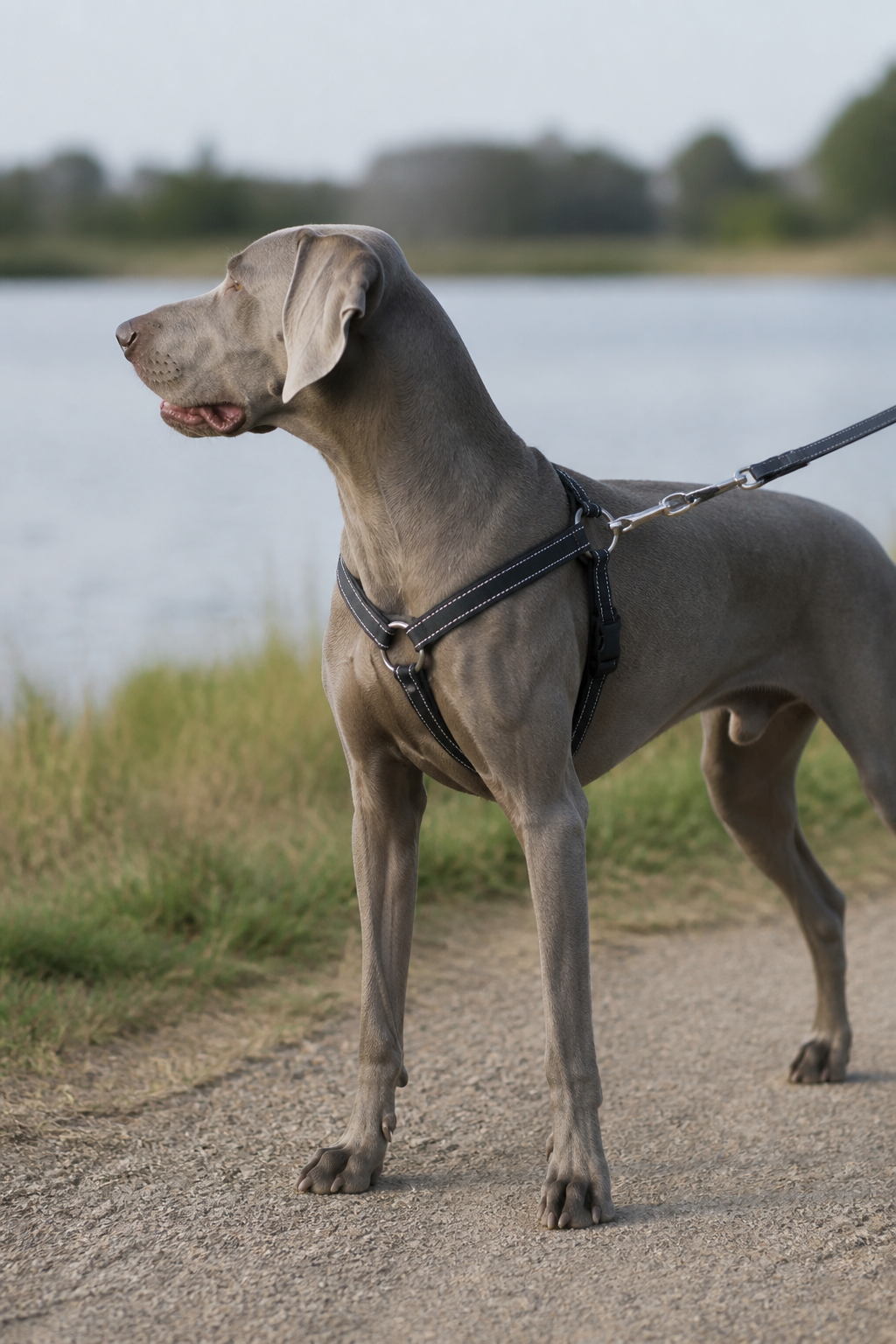 Harnais en Y avec anneau d'attache sur le poitrail, porté par un chien en marche vu de profil