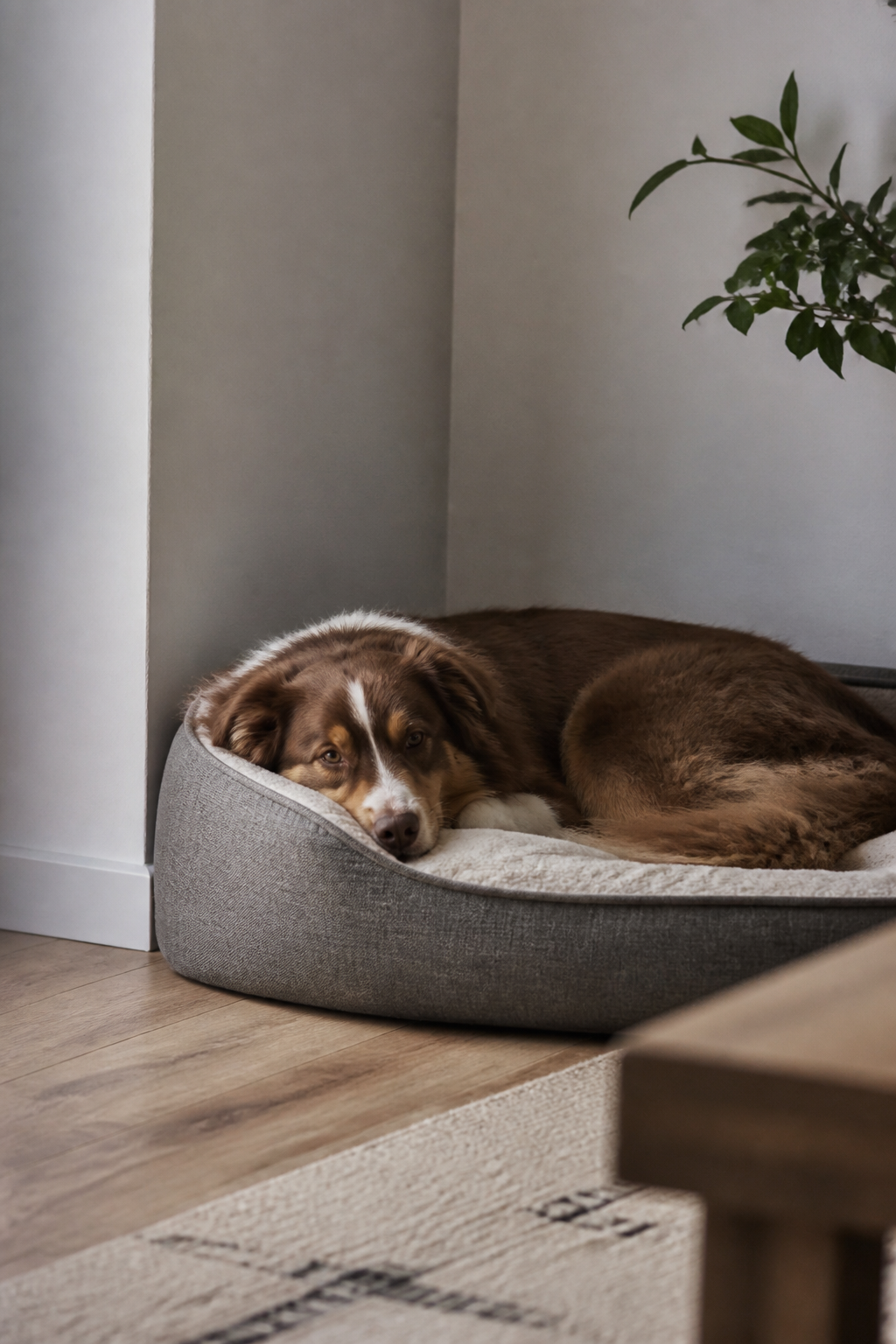 Chien couché dans un panier à rebord bas installé dans un angle de pièce, à l'écart du passage