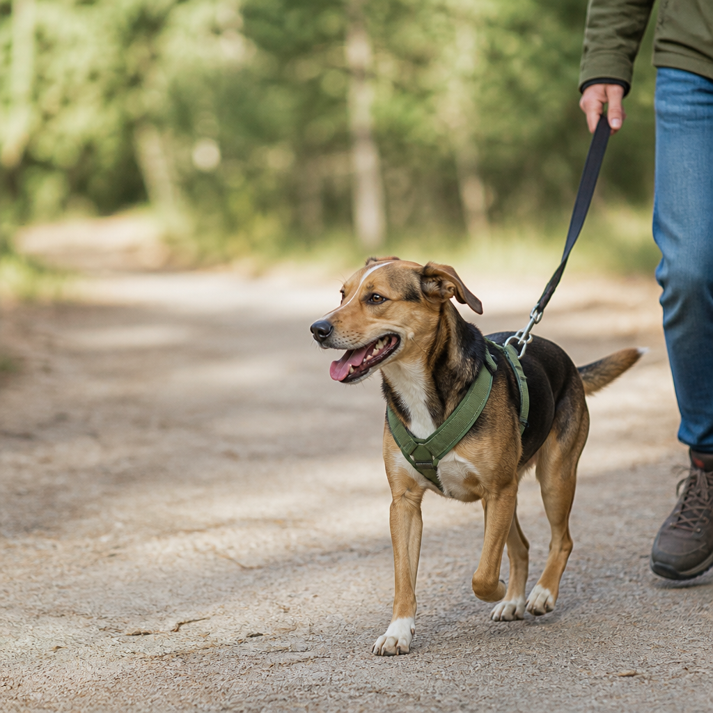 Chien de taille moyenne en promenade, tenu en laisse courte, harnais en Y ajusté sur le poitrail